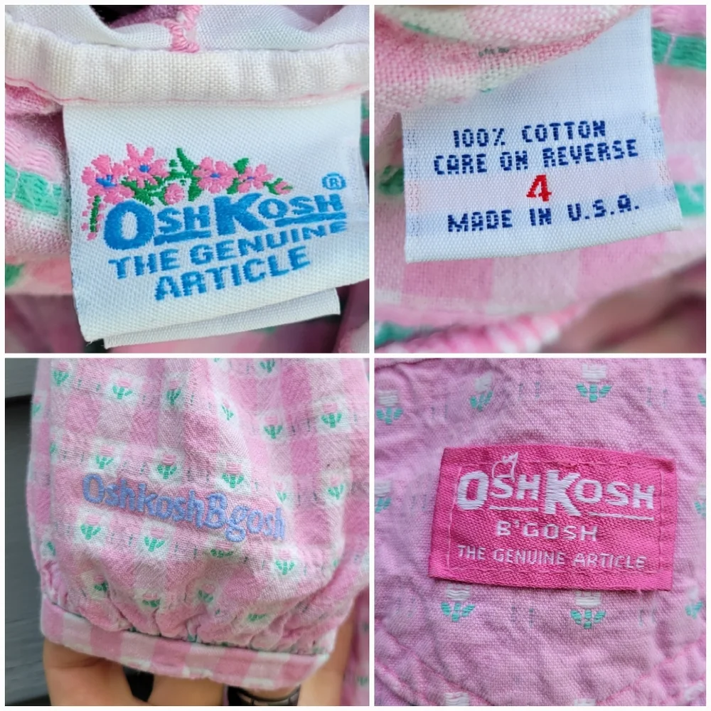 Vintage 90s Osh Kosh B'Gosh White Pink Cotton Check Floral Overalls Shirt Set 4T